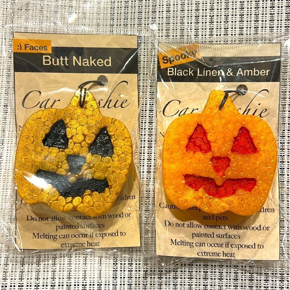 Halloween Pumpkin Car Freshies Pack of 2 in Butt Naked and Black Linen & Amber